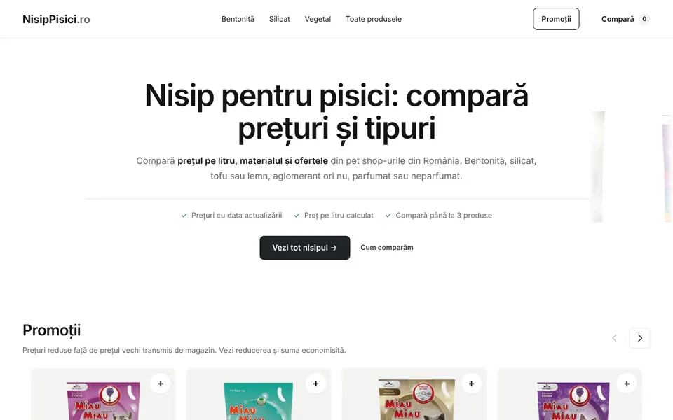 Pagina principală NisipPisici.ro: comparator de prețuri pentru nisip de pisici bentonită, silicat și vegetal, cu preț pe litru